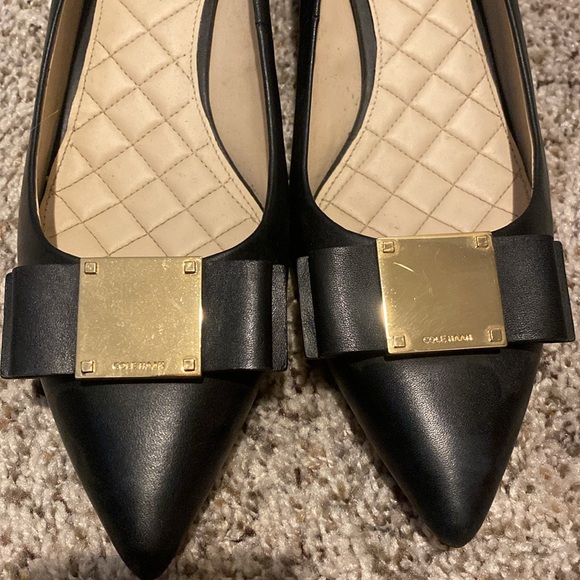Cole Haan Black Block Heels with Pointed Toe and Gold Accented Bow - Picture 2 of 7